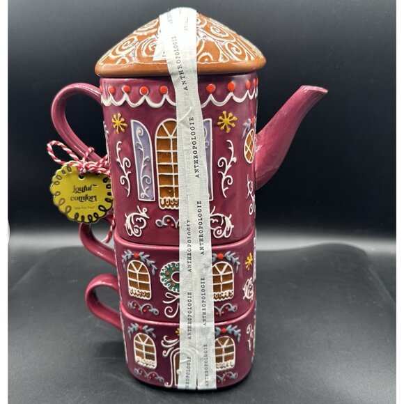 Anthropologie Ginger Ceramic Stoneware Tea For 2 Teapot Mug Set Stackable NEW - Picture 1 of 13
